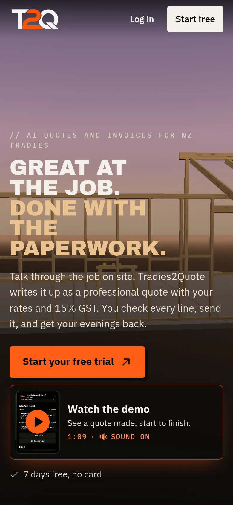 Tradies2Quote website on a phone, 390px wide